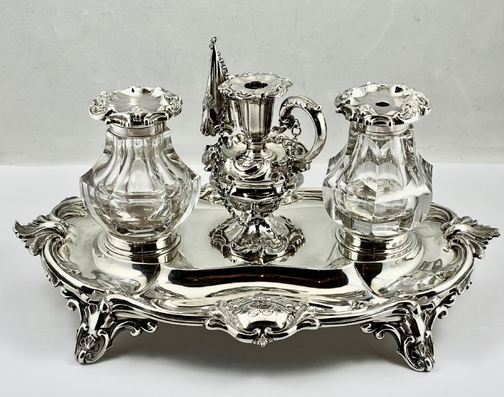 Victorian antique silver desk inkstand, Sheffield 1847