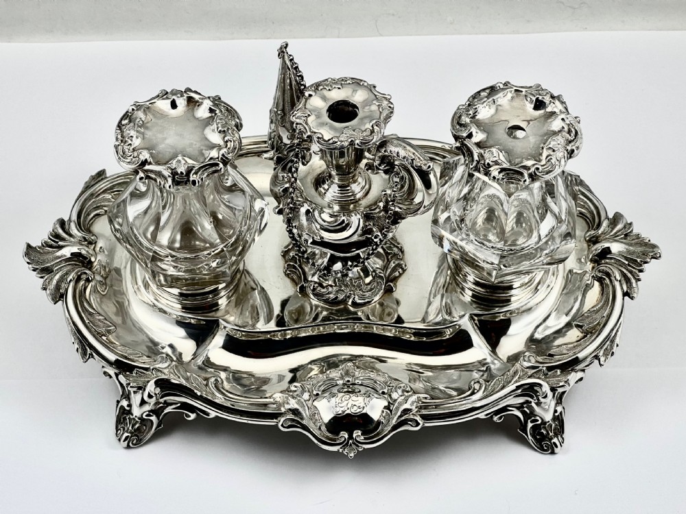 Victorian antique silver desk inkstand, Sheffield 1847 View II