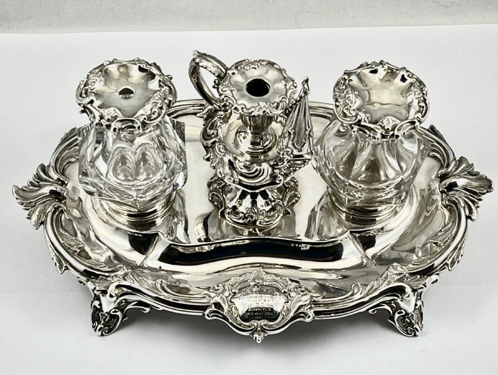 Victorian antique silver desk inkstand, Sheffield 1847 View III