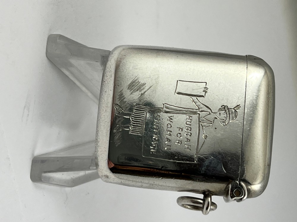 Edwardian antique silver “Suffragette” vesta case, Chester 1908 View II