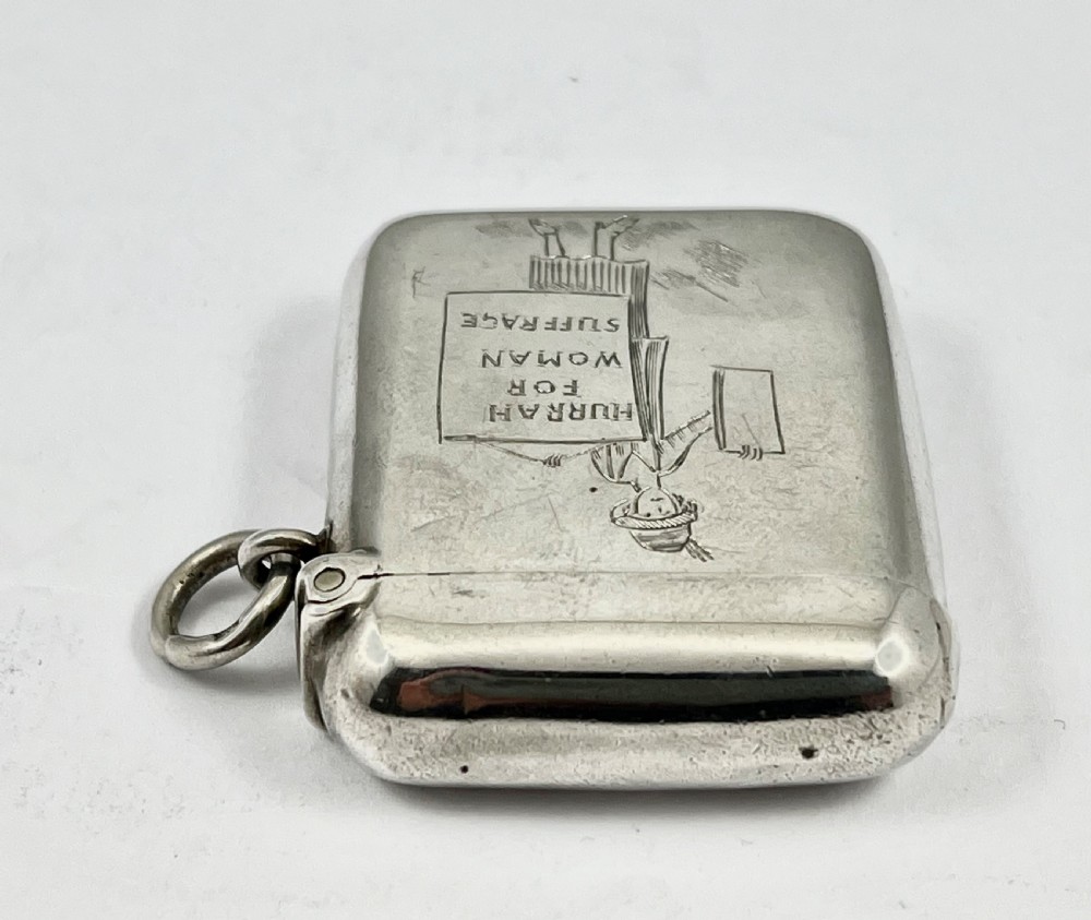 Edwardian antique silver “Suffragette” vesta case, Chester 1908 View VII