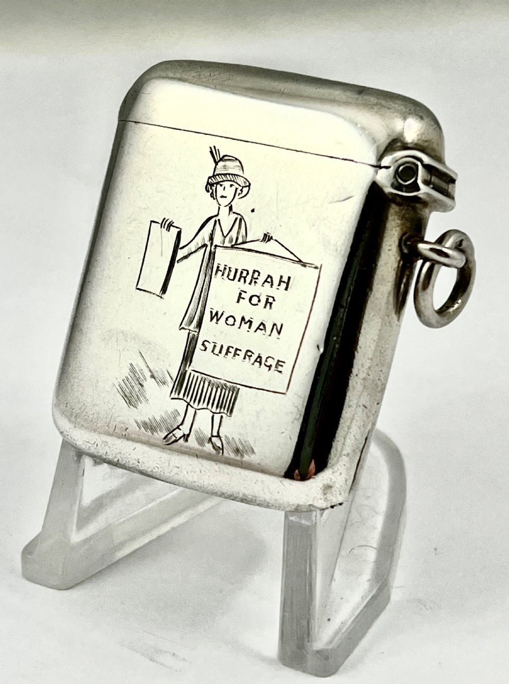 Edwardian antique silver “Suffragette” vesta case, Chester 1908 View VIII