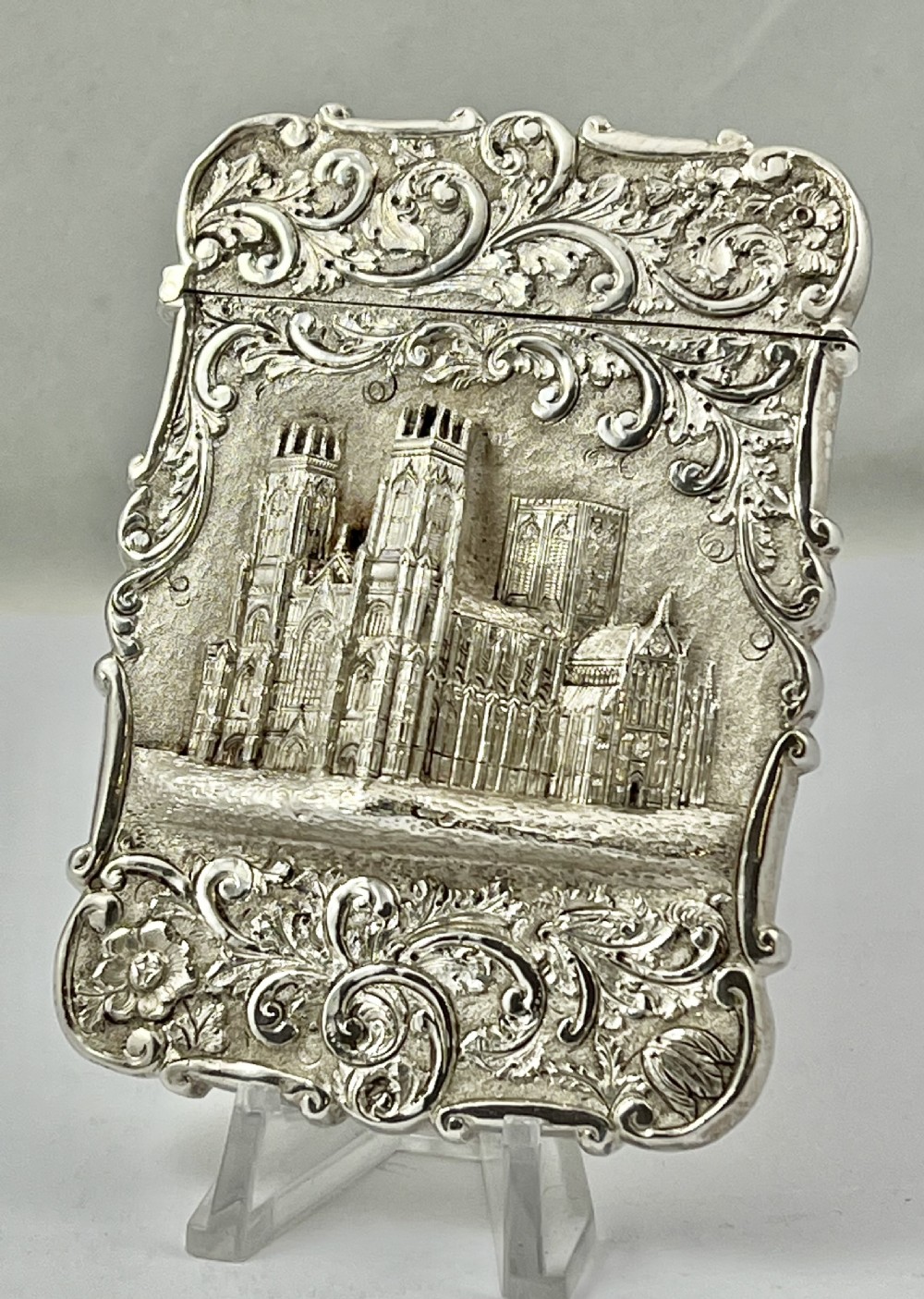 Victorian silver York Minster card case, Nathaniel Mills 1844