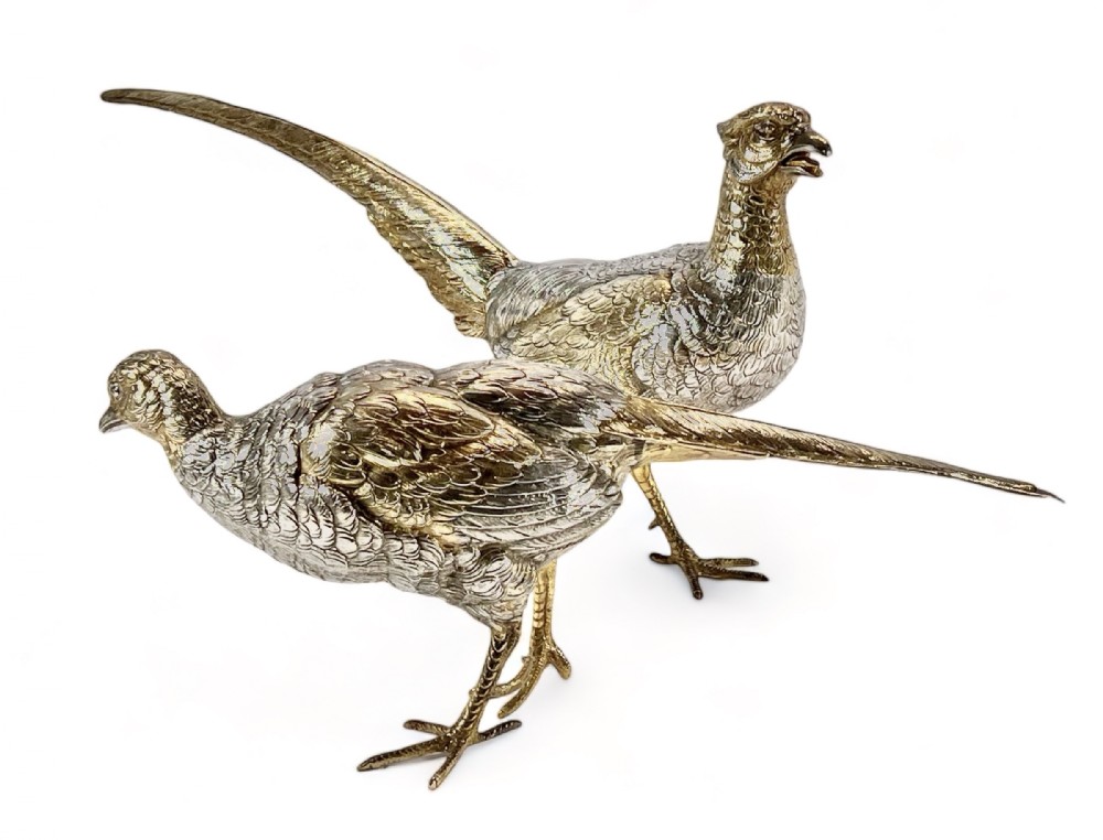 Elizabeth II continental silver and gilt table pheasants. c.1960