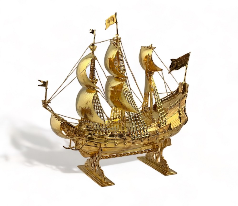 George V continental silver gilt galleon Nef, Imported London 1930