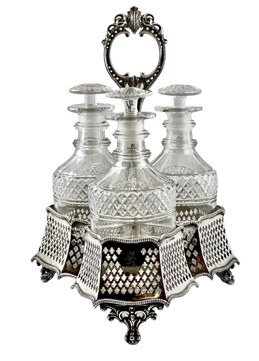 Victorian antique silver three bottle decanter set, Sheffield 1856