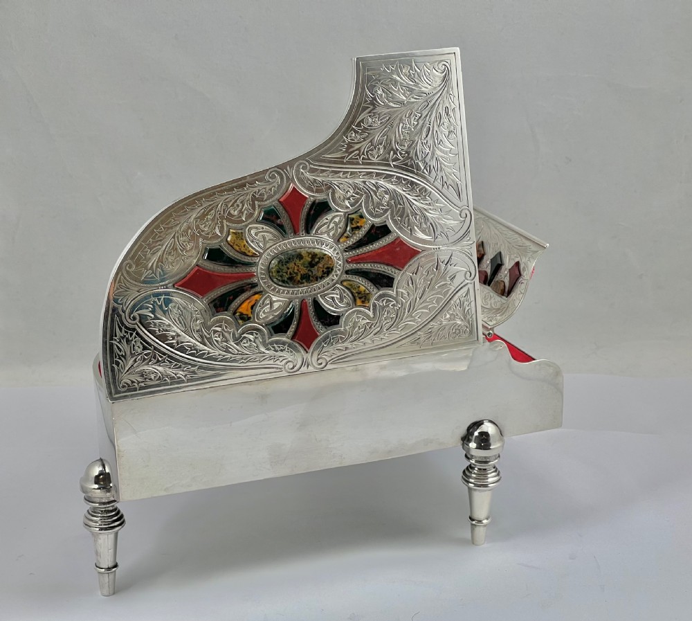 Victorian Scottish antique silver and agate piano jewellery box, 1883 View XII