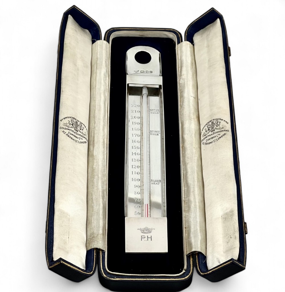 George V antique silver thermometer, Goldsmiths of London 1932