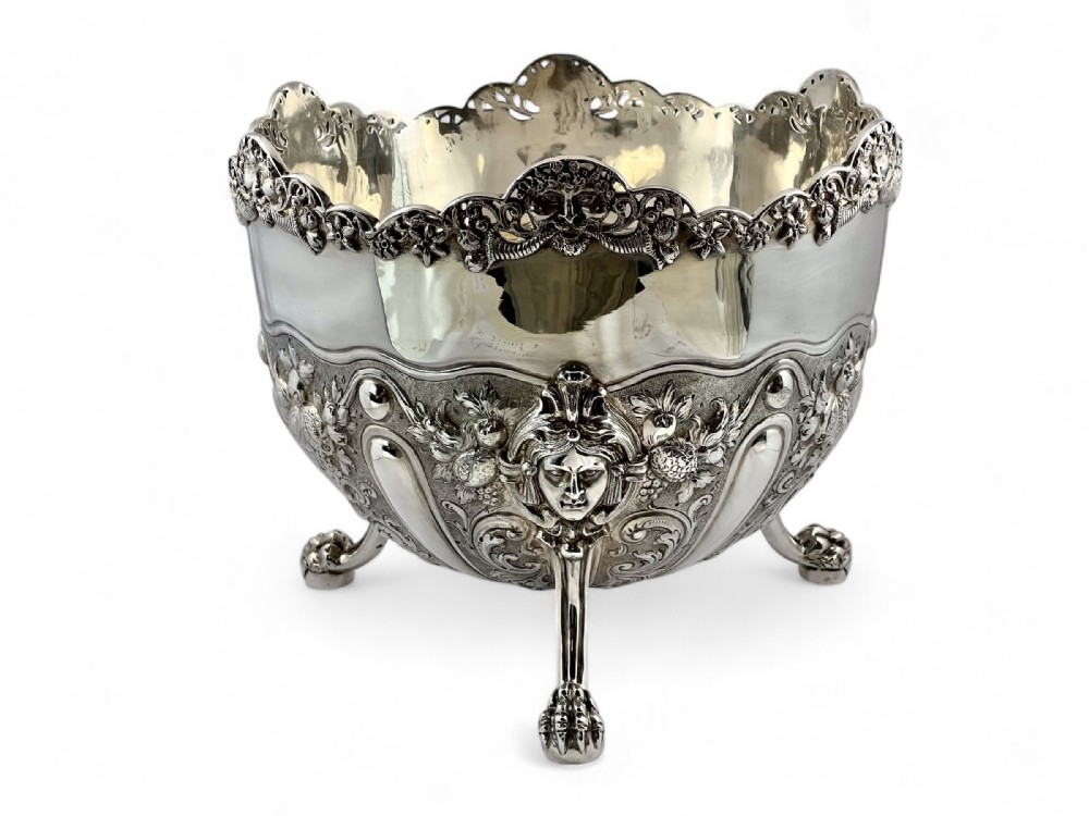 Victorian antique silver punch bowl, wine cooler, London 1897.