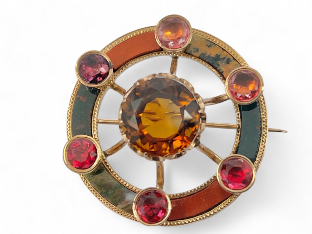 Victorian antique gold, agate and citrine round brooch, c.1860