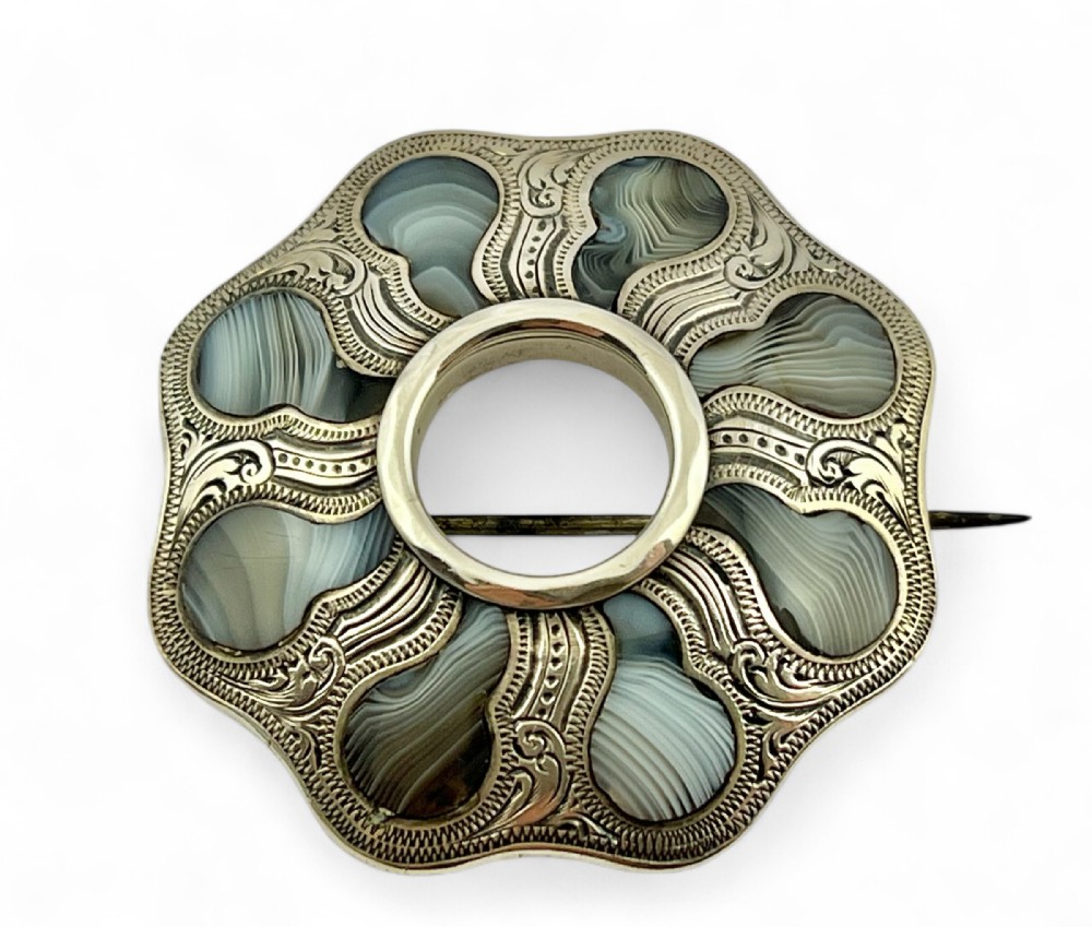 Victorian antique silver and Montrose agate brooch, c.1880