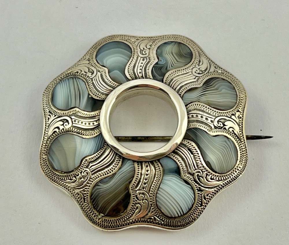 Victorian antique silver and Montrose agate brooch, c.1880 View IV