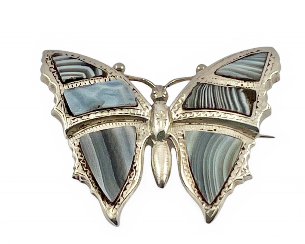 Victorian antique silver and Montrose agate butterfly brooch c.1880