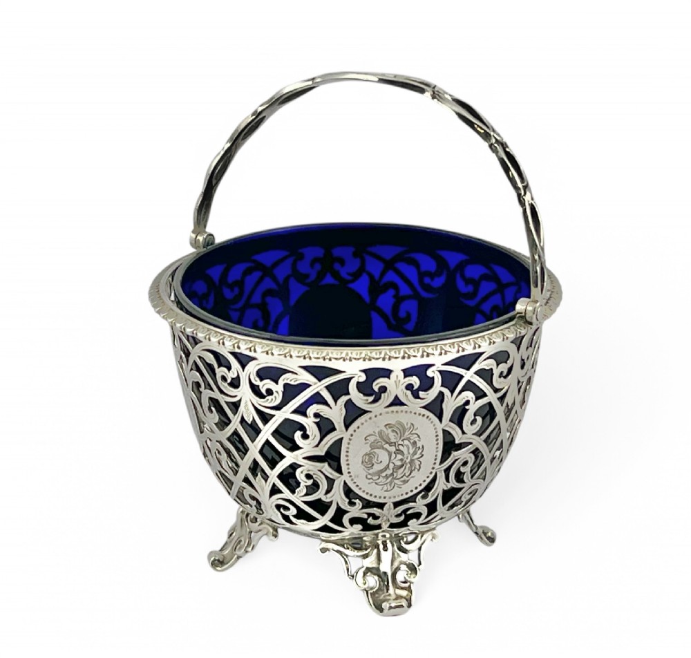 Victorian antique silver and blue glass bowl, London 1862