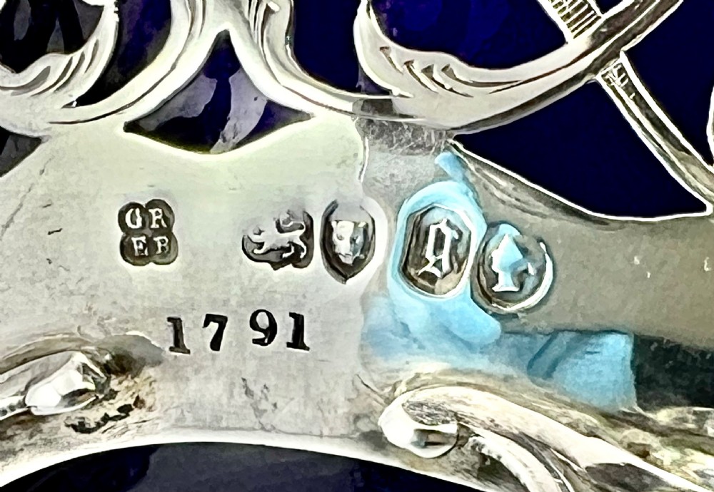 Victorian antique silver and blue glass bowl, London 1862 View IX