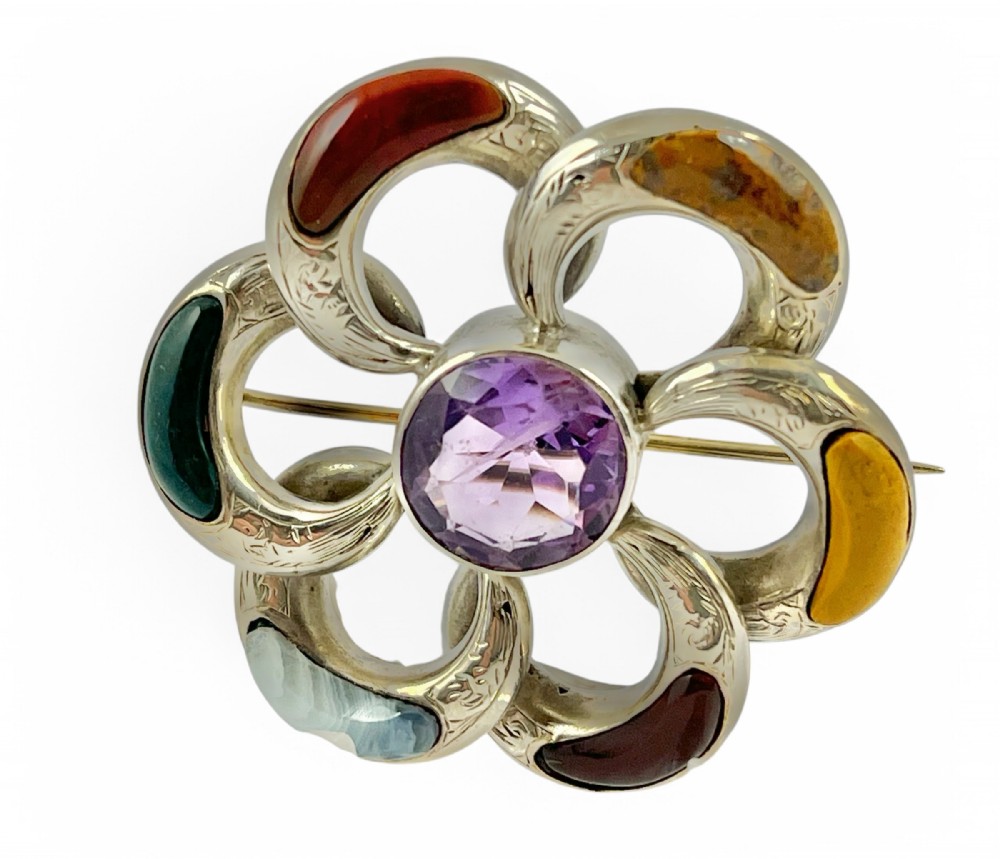 Victorian antique silver agate and amethyst brooch, c.1880