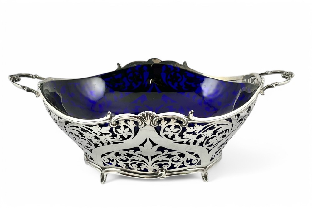 Victorian antique silver and blue glass bowl, London 1900