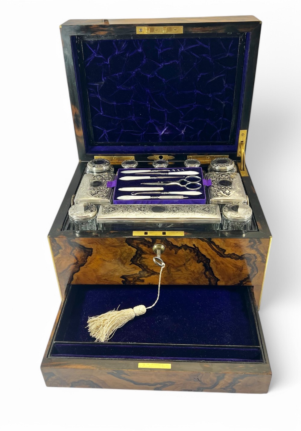 Victorian antique silver and walnut travelling vanity box. 1877