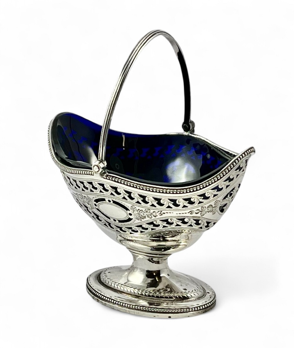 George III antique silver and blue glass sugar bowl, London 1787