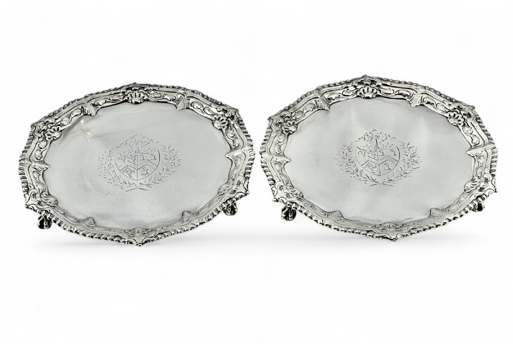 Early George III pair of antique silver trays or waiters, London 1768