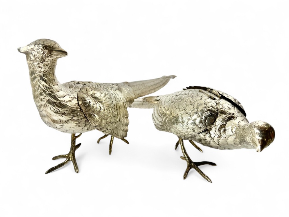 A pair of Victorian antique Continental silver pheasants, Hanau c.1900