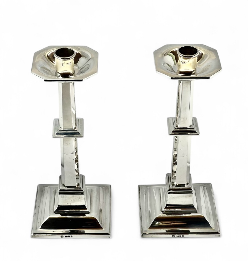 Art Deco pair of large silver candle sticks, London 1938