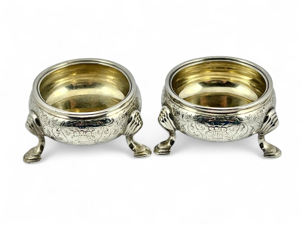 George II pair of antique caldron silver and gilt salt bowls, London 1737