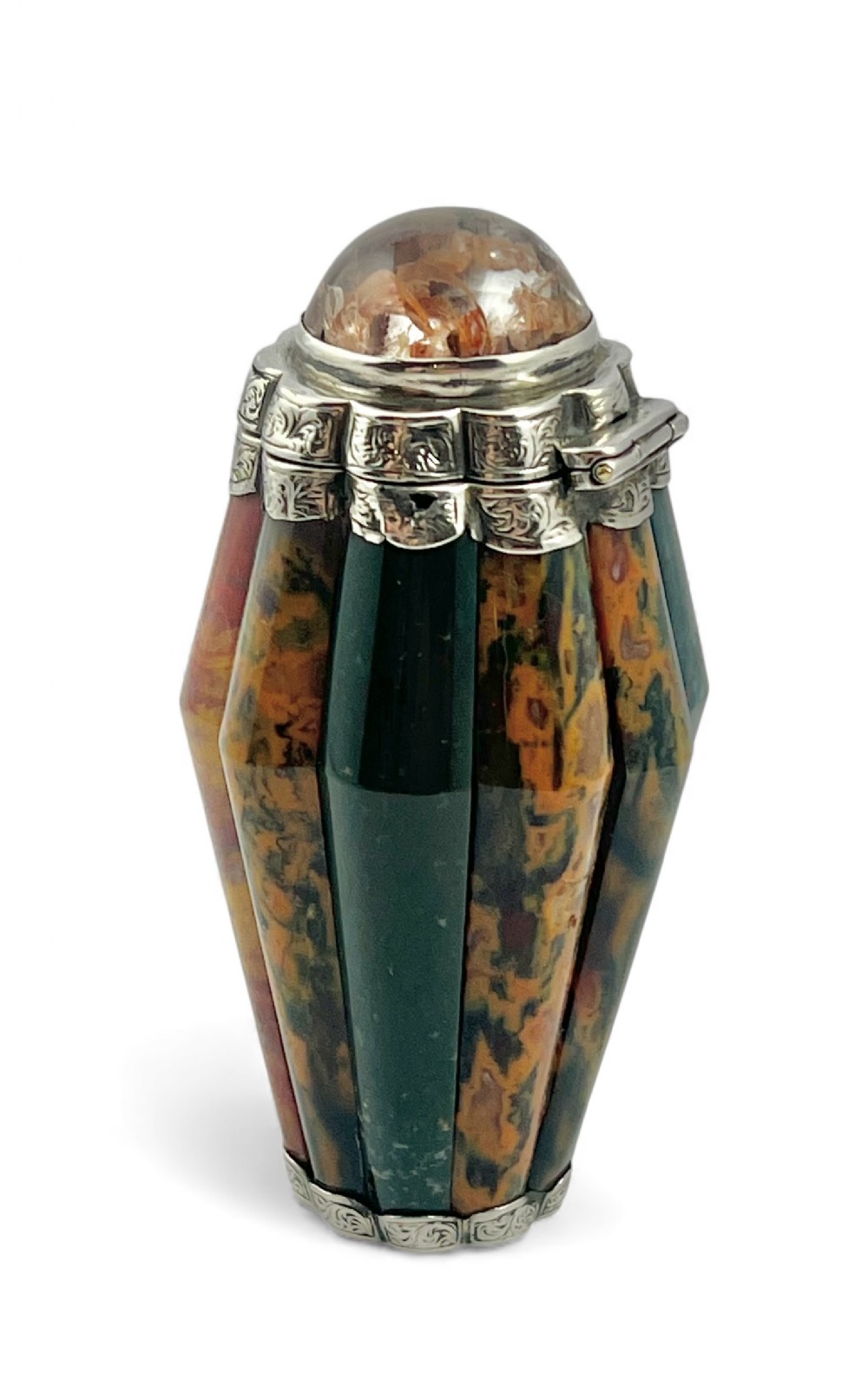Victorian antique Scottish agate and silver barrel vinaigrette, Edinburgh c.1880