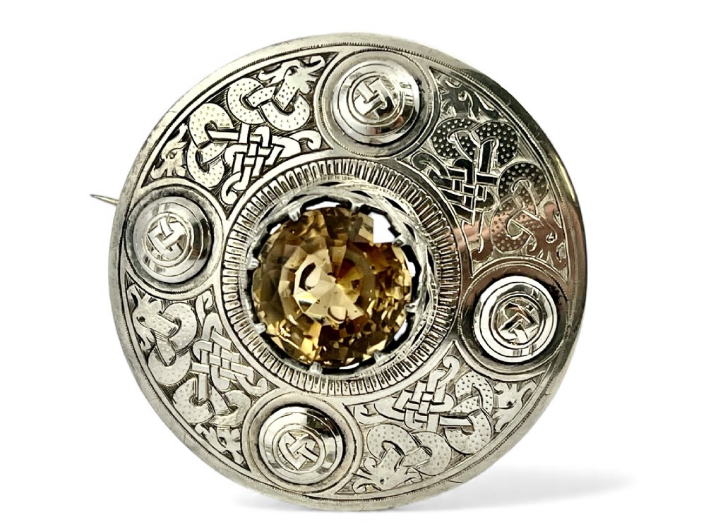 Victorian antique large silver and citrine plaid brooch, Edinburgh 1900