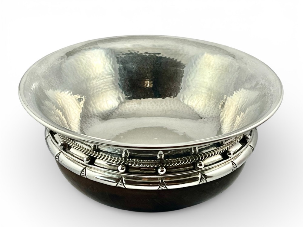 Art nouveau antique silver and wooden mazer, A E Jones 1927