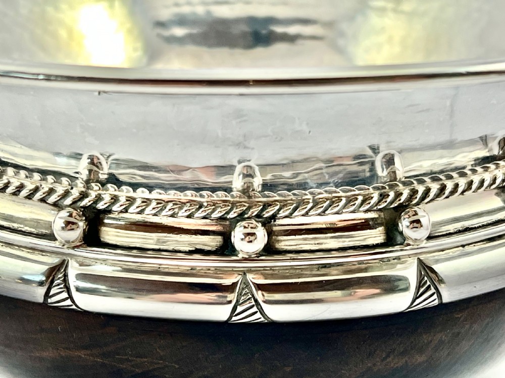 Art nouveau antique silver and wooden mazer, A E Jones 1927 View V