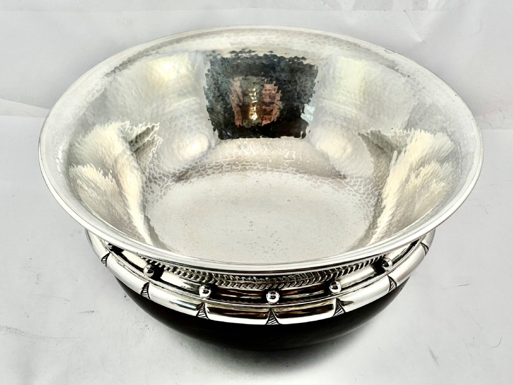Art nouveau antique silver and wooden mazer, A E Jones 1927 View VI