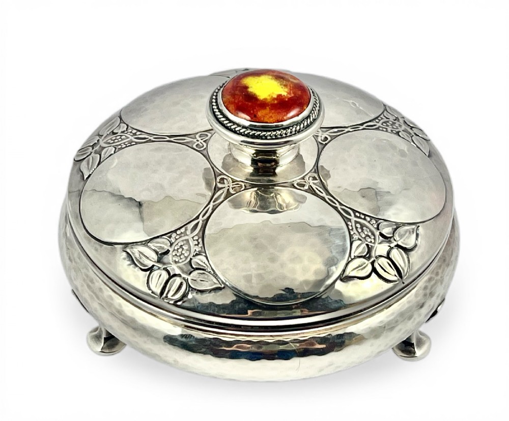 Arts and Crafts antique silver and enamel powder bowl, A E Jones 1922