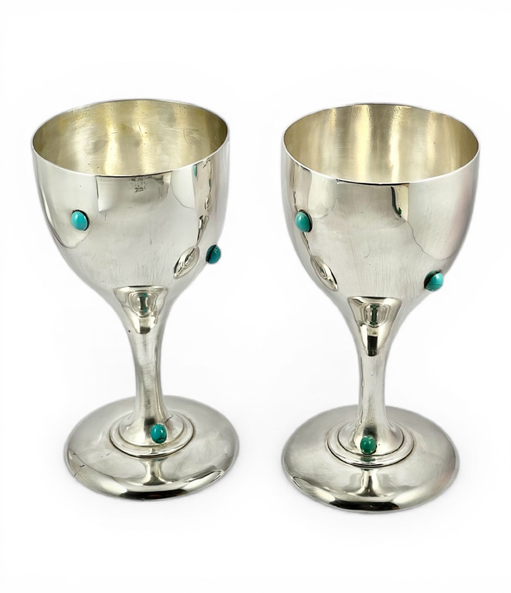 Victorian antique pair silver Arts and Crafts goblets, London 1871