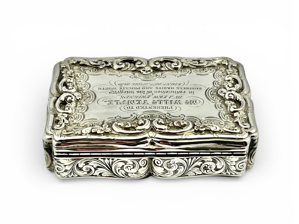 Victorian antique silver table presentation snuff box, Nathaniel Mills 1846