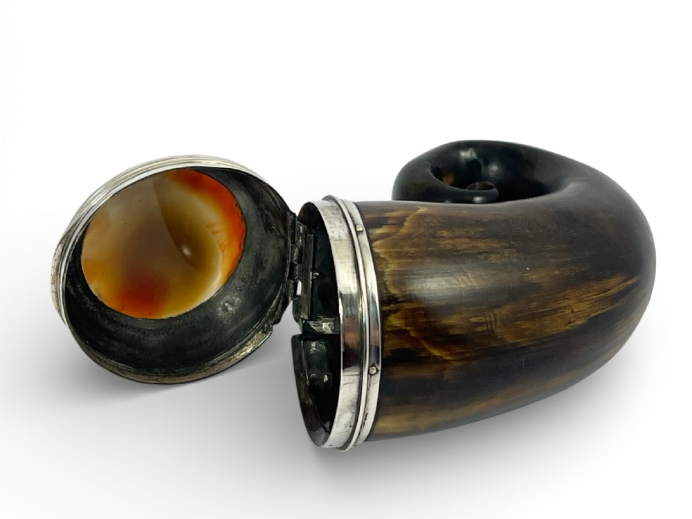 Victorian antique horn, silver and agate snuff mull, Scottish c.1850
