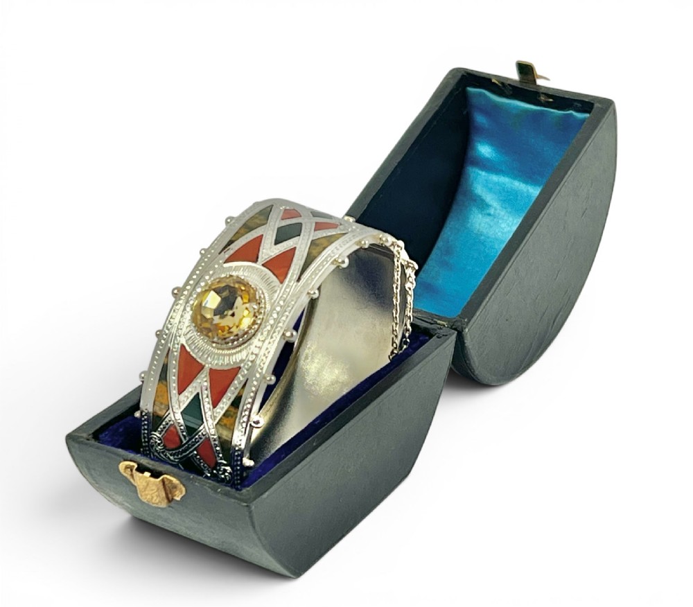 Antique Victorian silver, agate and citrine bangle, Scottish c.1860