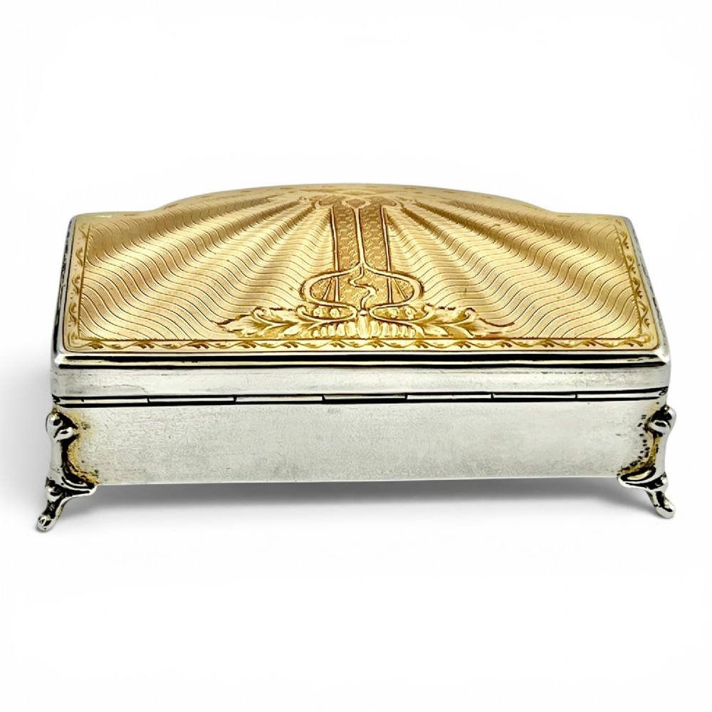 An Art Deco sterling silver jewellery box featuring a yellow guilloche enamel lid with engine-turned geometric patterns and decorative corner feet. View III