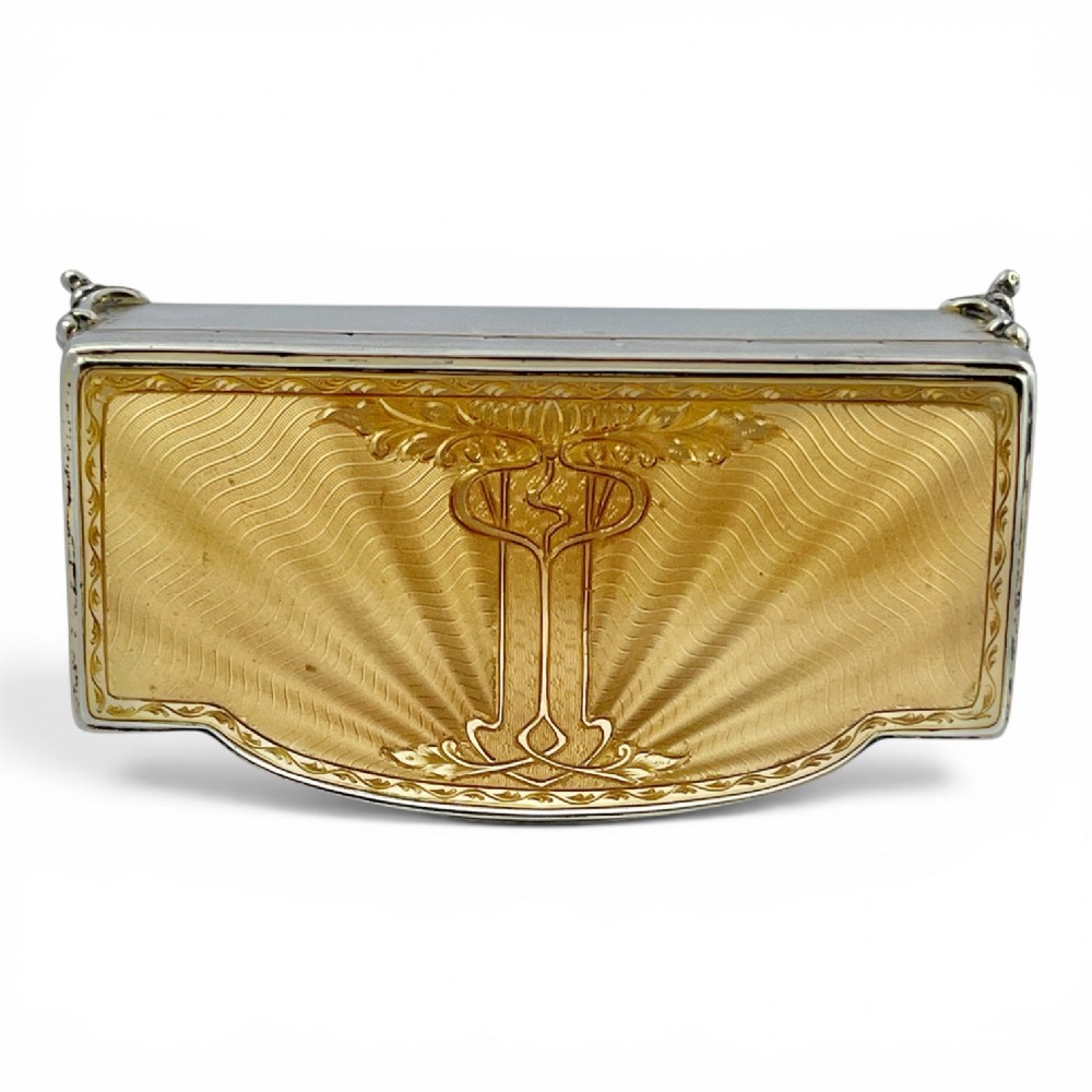 An Art Deco sterling silver jewellery box featuring a yellow guilloche enamel lid with engine-turned geometric patterns and decorative corner feet. View VI