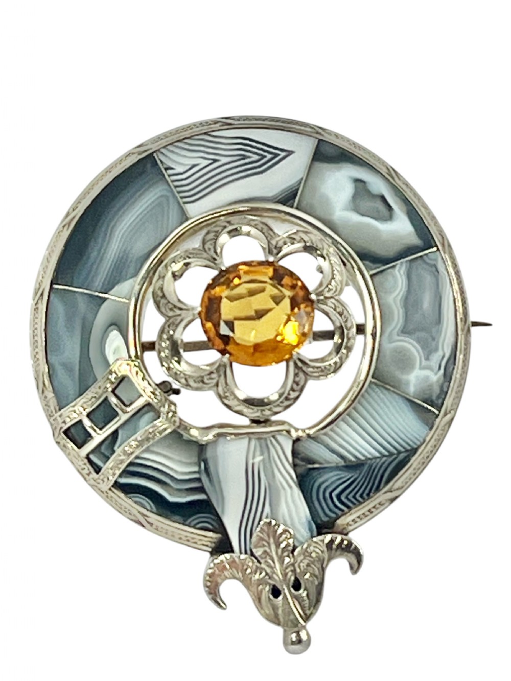 Victorian antique silver, Montrose agate and citrine brooch, c.1880