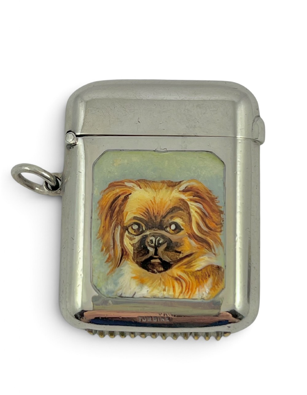 An Edwardian sterling silver vesta case featuring a central hand-painted enamel portrait of a small brown dog with a match striker at the base.