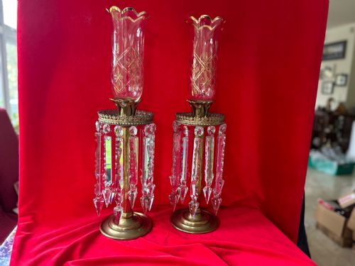 A PAIR OF BRASS LUSTRES WITH STORM SHADES - ADDITIONAL PHOTO 8