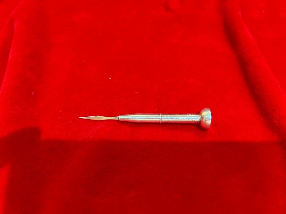 A small cylindrical silver toothpick with a pointed tip and rounded end cap.
