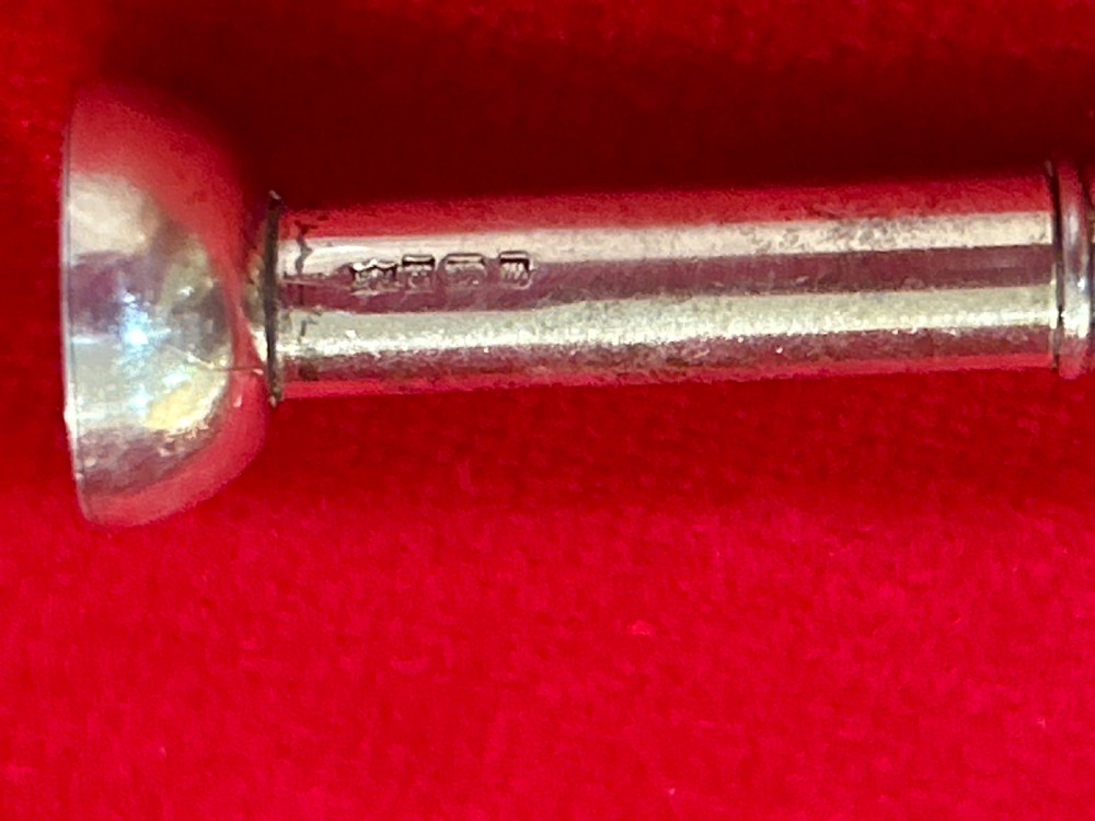 A small cylindrical silver toothpick with a pointed tip and rounded end cap. View II