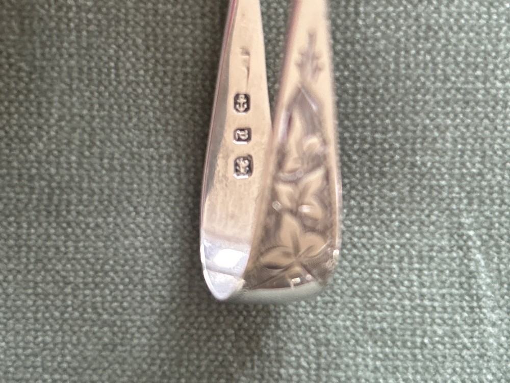 A pair of polished silver sugar tongs with spoon-shaped grips placed on a green fabric surface. View V