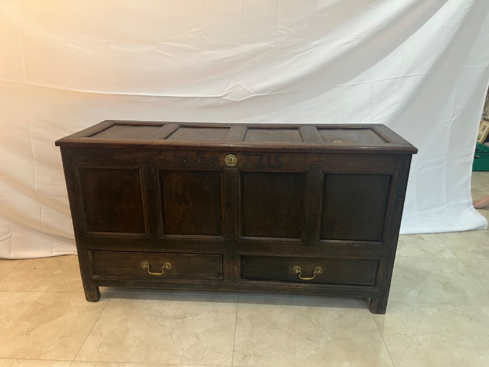 An 18th-century dark oak mule chest featuring a four-panel front, two base drawers with brass handles, and a hinged lid. View II