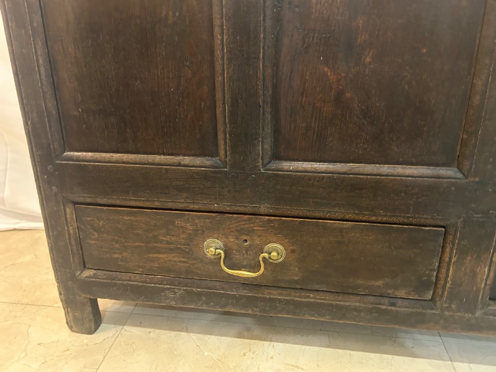 An 18th-century dark oak mule chest featuring a four-panel front, two base drawers with brass handles, and a hinged lid. View III
