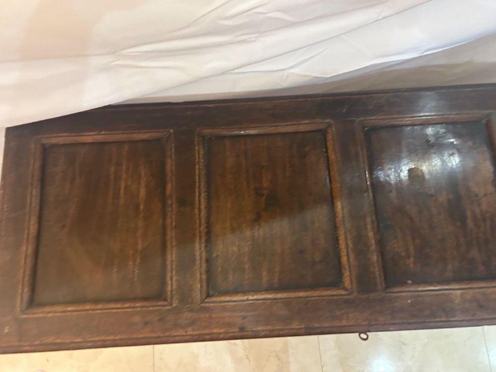 An 18th-century dark oak mule chest featuring a four-panel front, two base drawers with brass handles, and a hinged lid. View VI