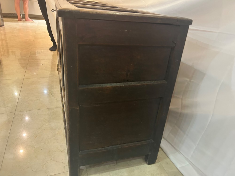An 18th-century dark oak mule chest featuring a four-panel front, two base drawers with brass handles, and a hinged lid. View VII