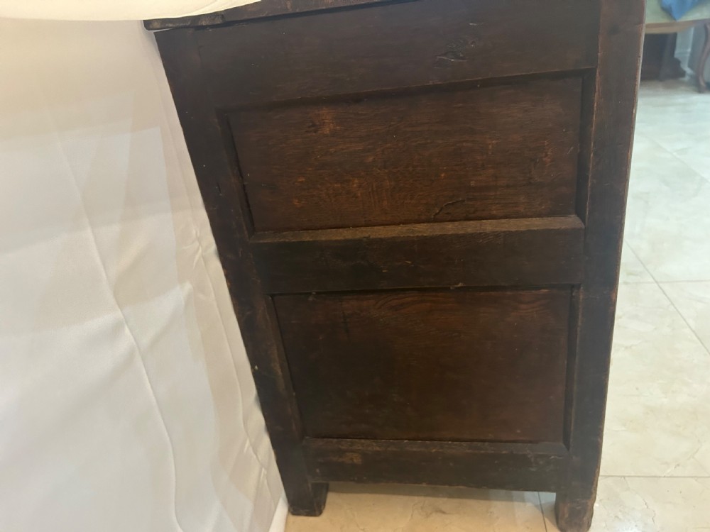 An 18th-century dark oak mule chest featuring a four-panel front, two base drawers with brass handles, and a hinged lid. View VIII